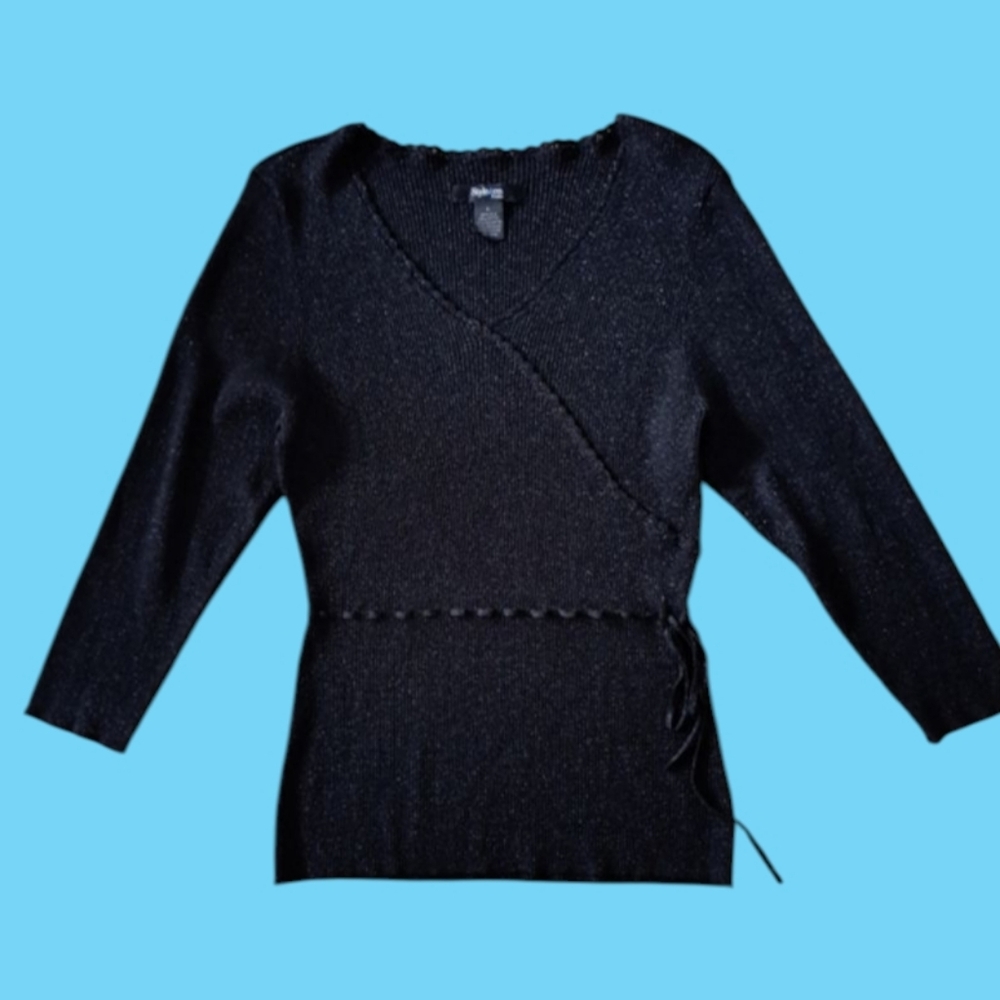 Style & Co Silk Blend Black Sweater Top Waist Tie Women's Size Petite Large